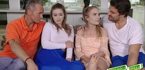  Laney Grey and Natalie Knight goes on a cock ride while holding hands on top of their daddies cocks